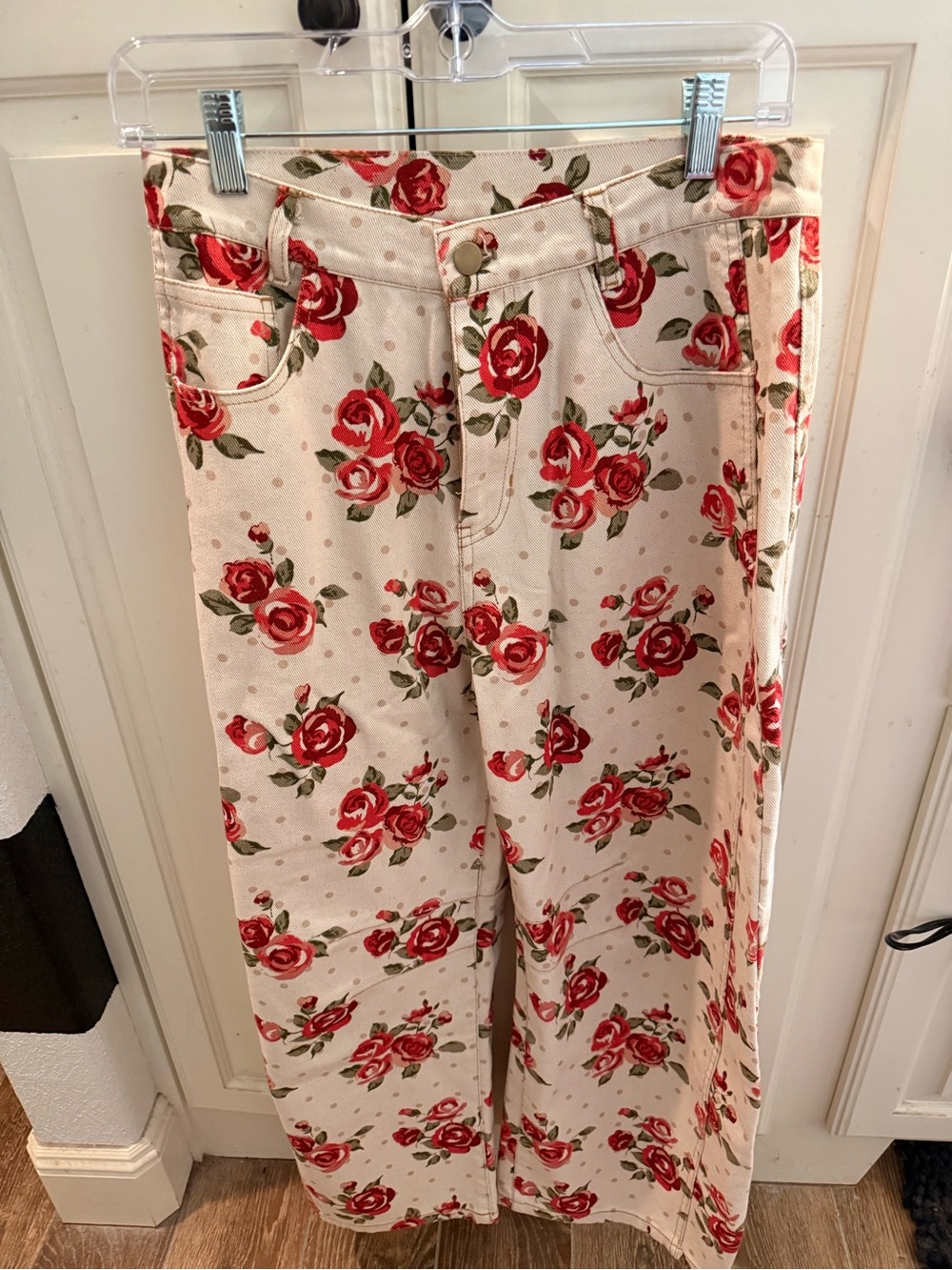 Peach Love California Cream Wide-Leg Pants with Red Rose Print